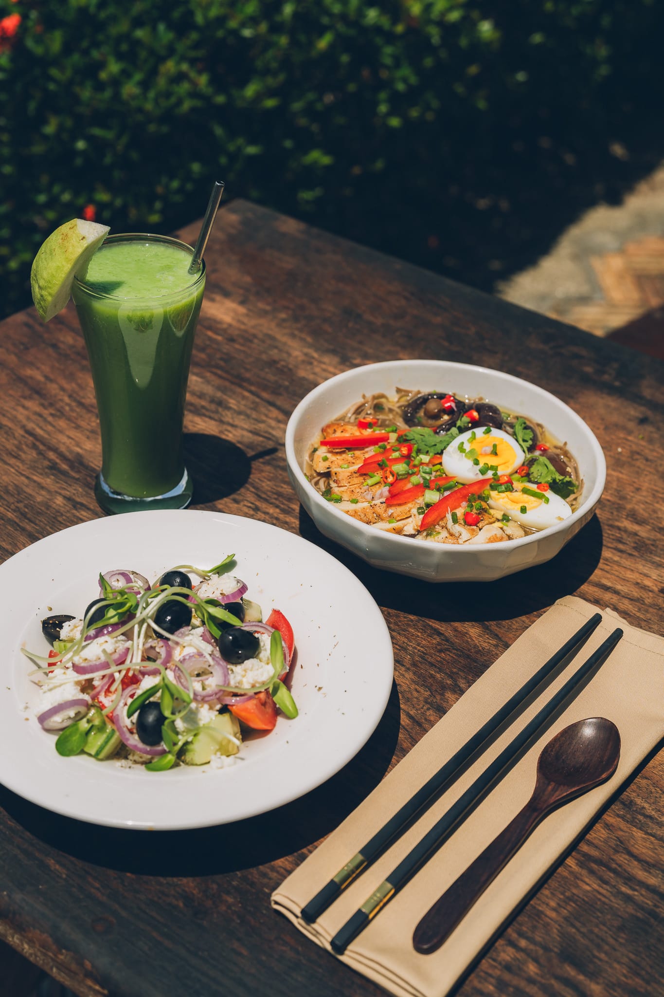 greek salad chicken ramen soup super green juice